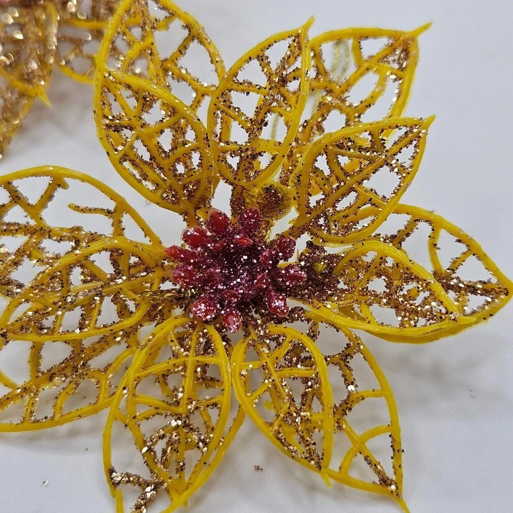 Vintage Set of 3 Glitter Poinsettia Christmas Ornaments Gold Floral 3